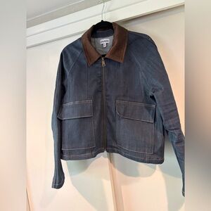 Dark Blue Denim Jacket with Brown Corduroy Collar Like New
